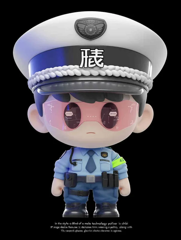 Blind Box Style , full body, chibi, Delicate features, a male technology police officer with an IP image design, wearing a police hat and uniform, wearing cyberpunk glowing glasses, Q-version, white background, Natural lighting, 8K, best quality, ultra - detail, 3D, C4D, Blender, OC renderer, ultra HD, 3D rendering  - style3部分