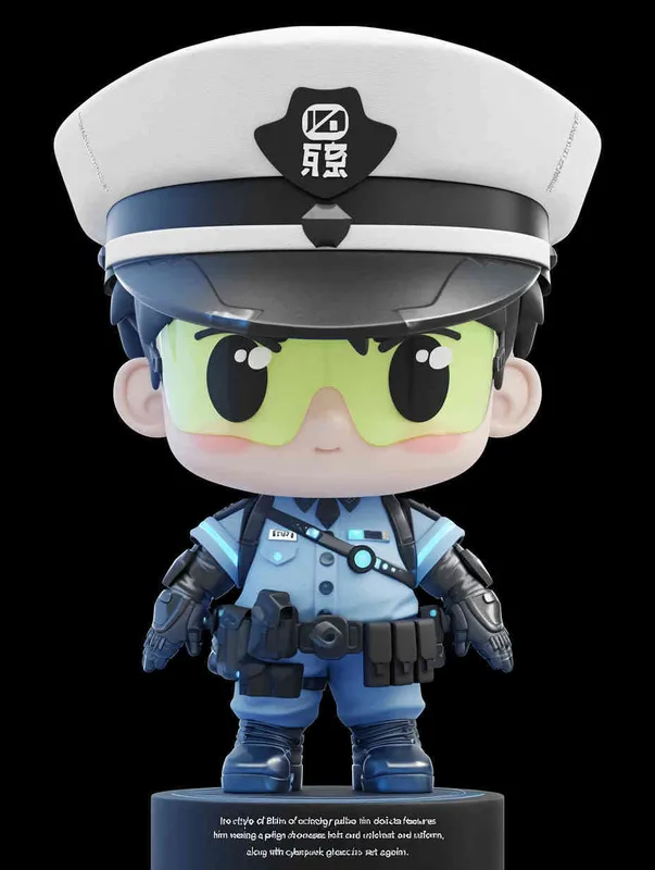 Blind Box Style , full body, chibi, Delicate features, a male technology police officer with an IP image design, wearing a police hat and uniform, wearing cyberpunk glowing glasses, Q-version, white background, Natural lighting, 8K, best quality, ultra - detail, 3D, C4D, Blender, OC renderer, ultra HD, 3D rendering  - style4部分