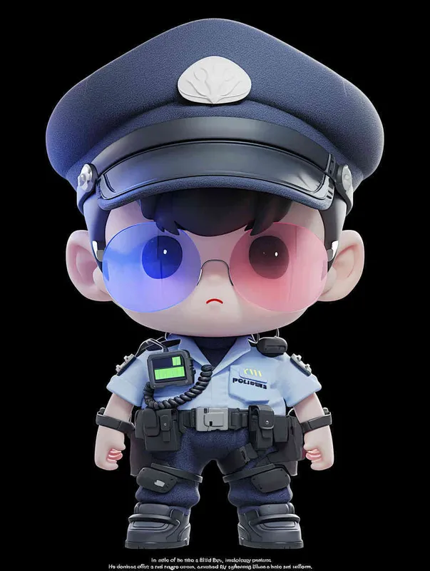 Blind Box Style , full body, chibi, Delicate features, a male technology police officer with an IP image design, wearing a police hat and uniform, wearing cyberpunk glowing blue  purple  glasses, Q-version, white background, Natural lighting, 8K, best quality, ultra - detail, 3D, C4D, Blender, OC renderer, ultra HD, 3D rendering  - style1部分