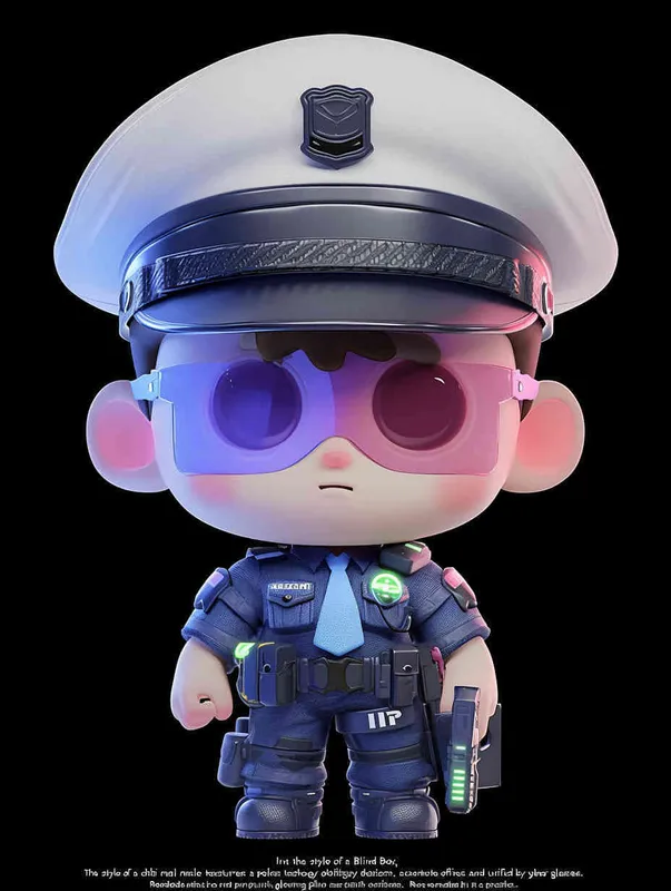 Blind Box Style , full body, chibi, Delicate features, a male technology police officer with an IP image design, wearing a police hat and uniform, wearing cyberpunk glowing blue  purple  glasses, Q-version, white background, Natural lighting, 8K, best quality, ultra - detail, 3D, C4D, Blender, OC renderer, ultra HD, 3D rendering  - style2部分