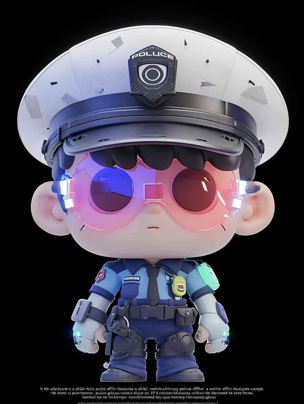 Blind Box Style , full body, chibi, Delicate features, a male technology police officer with an IP image design, wearing a police hat and uniform, wearing cyberpunk glowing blue  purple  glasses, Q-version, white background, Natural lighting, 8K, best quality, ultra - detail, 3D, C4D, Blender, OC renderer, ultra HD, 3D rendering  - style3部分