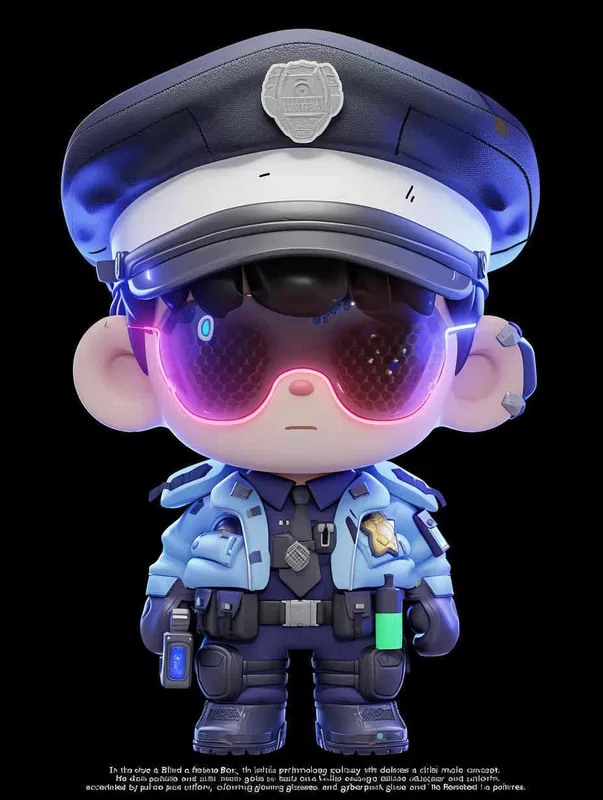 Blind Box Style , full body, chibi, Delicate features, a male technology police officer with an IP image design, wearing a police hat and uniform, wearing cyberpunk glowing blue  purple  glasses, Q-version, white background, Natural lighting, 8K, best quality, ultra - detail, 3D, C4D, Blender, OC renderer, ultra HD, 3D rendering  - style4部分