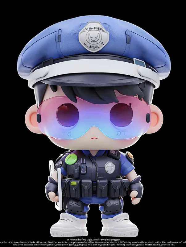 Blind Box Style , full body, chibi, Delicate features, a male police officer with an IP image, wearing a blue  police cap and uniform, holding an iPad, wearing cyberpunk blue purple glowing glasses, Q-version, white background, Natural lighting, 8K, best quality, ultra - detail, 3D, C4D, Blender, OC renderer, ultra HD, 3D rendering  - style1部分