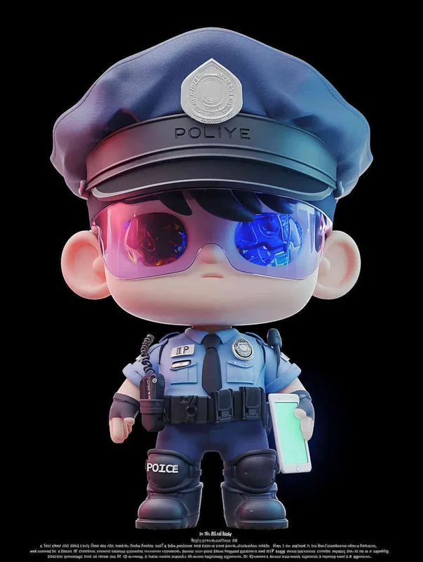 Blind Box Style , full body, chibi, Delicate features, a male police officer with an IP image, wearing a blue  police cap and uniform, holding an iPad, wearing cyberpunk blue purple glowing glasses, Q-version, white background, Natural lighting, 8K, best quality, ultra - detail, 3D, C4D, Blender, OC renderer, ultra HD, 3D rendering  - style2部分