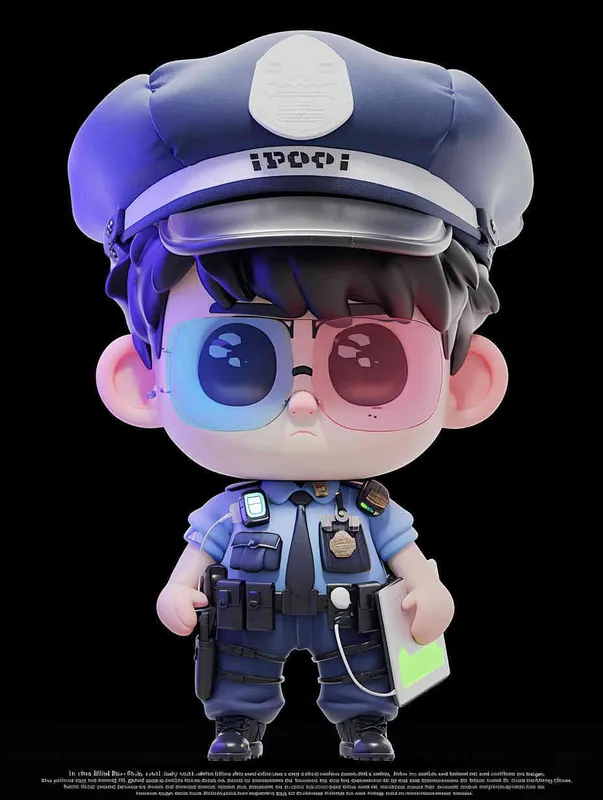 Blind Box Style , full body, chibi, Delicate features, a male police officer with an IP image, wearing a blue  police cap and uniform, holding an iPad, wearing cyberpunk blue purple glowing glasses, Q-version, white background, Natural lighting, 8K, best quality, ultra - detail, 3D, C4D, Blender, OC renderer, ultra HD, 3D rendering  - style3部分