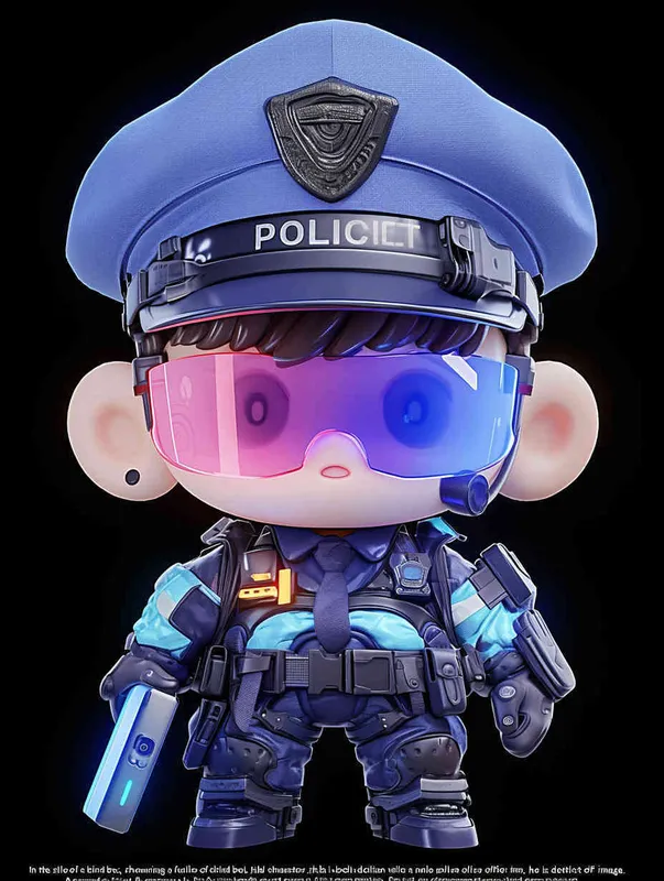 Blind Box Style , full body, chibi, Delicate features, a male police officer with an IP image, wearing a blue  police cap and uniform, holding an iPad, wearing cyberpunk blue purple glowing glasses, Q-version, white background, Natural lighting, 8K, best quality, ultra – detail, 3D, C4D, Blender, OC renderer, ultra HD, 3D rendering  – AI绘画作品展示 | Midjourney中文版生成