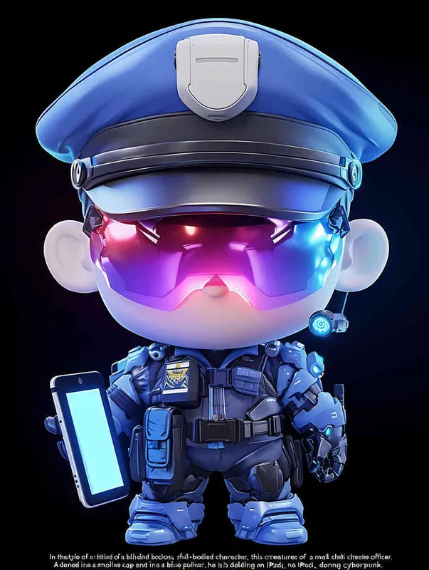 Blind Box Style , full body, chibi, Delicate features, a male police officer with an IP image, wearing a blue  police cap and uniform, holding an iPad, wearing cyberpunk blue purple glowing glasses, Q-version, white background, Natural lighting, 8K, best quality, ultra - detail, 3D, C4D, Blender, OC renderer, ultra HD, 3D rendering  - style2部分