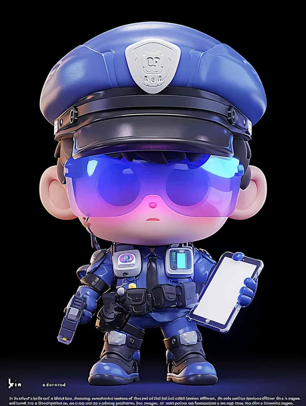 Blind Box Style , full body, chibi, Delicate features, a male police officer with an IP image, wearing a blue  police cap and uniform, holding an iPad, wearing cyberpunk blue purple glowing glasses, Q-version, white background, Natural lighting, 8K, best quality, ultra - detail, 3D, C4D, Blender, OC renderer, ultra HD, 3D rendering  - style3部分