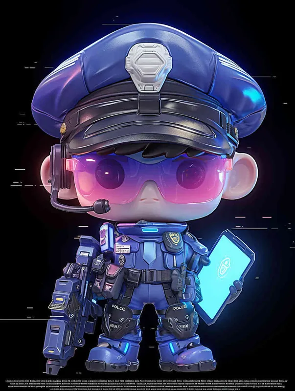 Blind Box Style , full body, chibi, Delicate features, a male police officer with an IP image, wearing a blue  police cap and uniform, holding an iPad, wearing cyberpunk blue purple glowing glasses, Q-version, white background, Natural lighting, 8K, best quality, ultra - detail, 3D, C4D, Blender, OC renderer, ultra HD, 3D rendering  - style4部分