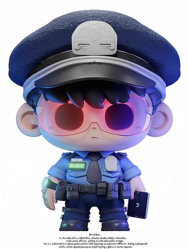 Blind Box Style , full body, chibi, Delicate features, a male police officer with an IP image, wearing a blue  police cap and uniform, holding an iPad, wearing cyberpunk blue purple glowing glasses, Q-version, white background, Natural lighting, 8K, best quality, ultra - detail, 3D, C4D, Blender, OC renderer, ultra HD, 3D rendering  - style2部分