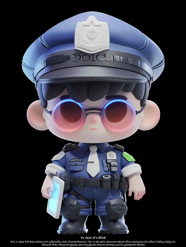 Blind Box Style , full body, chibi, Delicate features, a male police officer with an IP image, wearing a blue  police cap and uniform, holding an iPad, wearing cyberpunk blue purple glowing glasses, Q-version, white background, Natural lighting, 8K, best quality, ultra - detail, 3D, C4D, Blender, OC renderer, ultra HD, 3D rendering  - style3部分