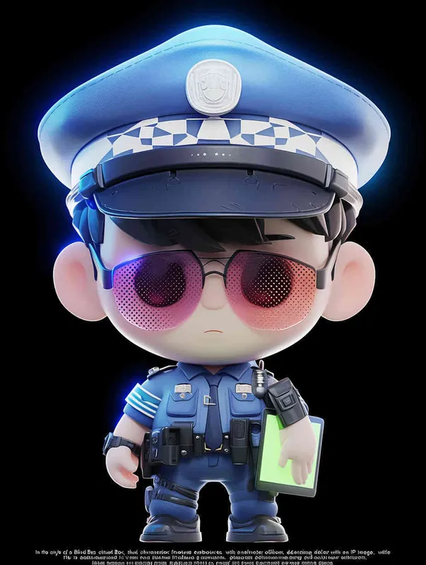 Blind Box Style , full body, chibi, Delicate features, a male police officer with an IP image, wearing a blue  police cap and uniform, holding an iPad, wearing cyberpunk blue purple glowing glasses, Q-version, white background, Natural lighting, 8K, best quality, ultra - detail, 3D, C4D, Blender, OC renderer, ultra HD, 3D rendering  - style4部分