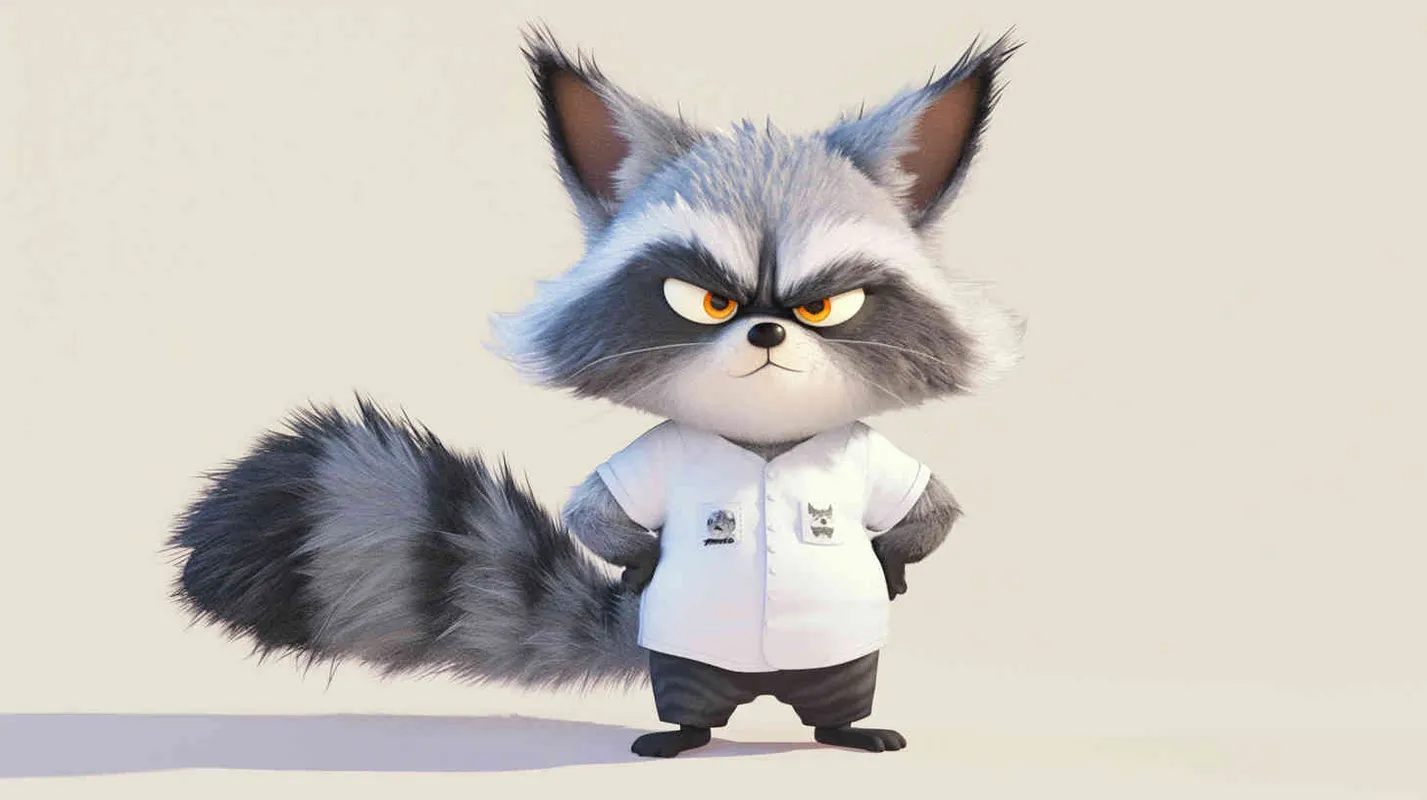 Pixar style, Disney Style, 3D design, C4D modeling, Initial Stage: A normal gray raccoon with a healthy physique, neat fur, lively eyes, wearing simple clothes, without any special marks. , LivelyAtmosphere, Blender, OC Renderer, High Detail, High Quality - AI绘画作品展示 | Midjourney中文版生成