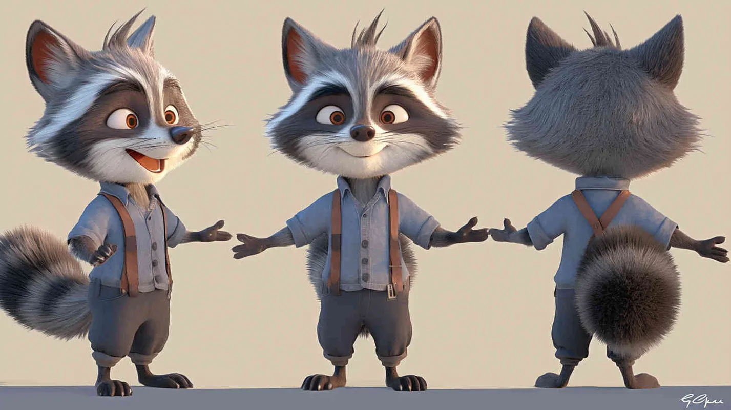 Pixar style, Disney Style, 3D design, C4D modeling, Initial Stage: A normal gray raccoon with a healthy physique, neat fur, lively eyes, wearing simple clothes, without any special marks. , LivelyAtmosphere, Blender, OC Renderer, High Detail, High Quality - AI绘画作品展示 | Midjourney中文版生成