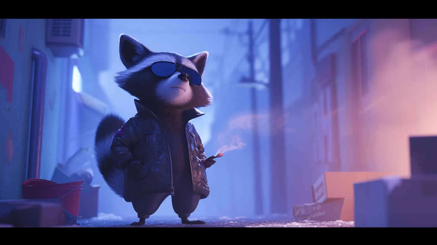 Pixar style, Disney Style, 3D design, C4D modeling,Acquiring Mysterious Powers: The raccoon emits a mysterious glow, its eyes shimmer with a special gleam, becoming more agile, with denser fur, dressed in black spandex suit, a faint black aura can be seen behind, LivelyAtmosphere, Blender, OC Renderer, High Detail, High Quality - style2部分