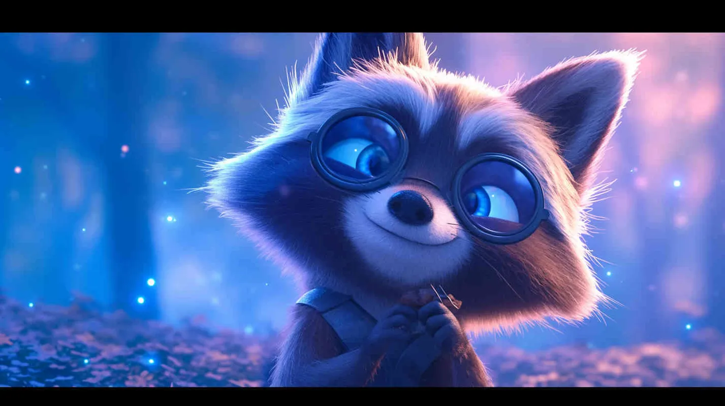 Pixar style, Disney Style, 3D design, C4D modeling,Acquiring Mysterious Powers: The raccoon emits a mysterious glow, its eyes shimmer with a special gleam, becoming more agile, with denser fur, dressed in black spandex suit, a faint black aura can be seen behind, LivelyAtmosphere, Blender, OC Renderer, High Detail, High Quality - style3部分