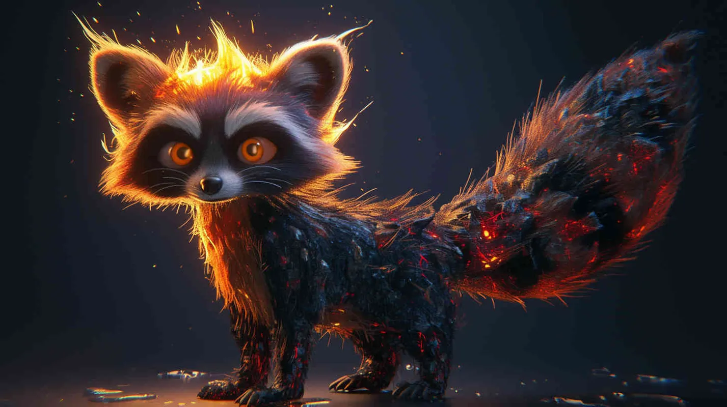 Pixar style, Disney Style, 3D design, C4D modeling,Acquiring Mysterious Powers: The raccoon emits a mysterious glow, its eyes shimmer with a special gleam, becoming more agile, with denser fur, dressed in black spandex suit, a faint black aura can be seen behind, LivelyAtmosphere, Blender, OC Renderer, High Detail, High Quality - style4部分