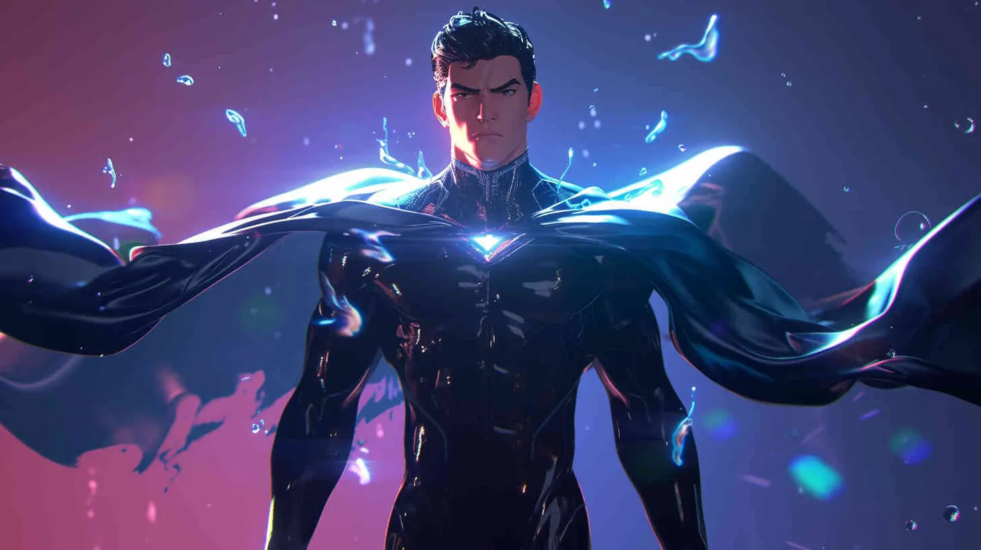 Pixar style, Disney Style, 3D design, C4D modeling,Becoming a Superhero: Yingwei's image becomes more heroic and majestic, with sharper eyes, a more slender figure, wearing a specially tailored black spandex suit, spreading wings behind, demonstrating the power and charm of a superhero, LivelyAtmosphere, Blender, OC Renderer, High Detail, High Quality - style3部分