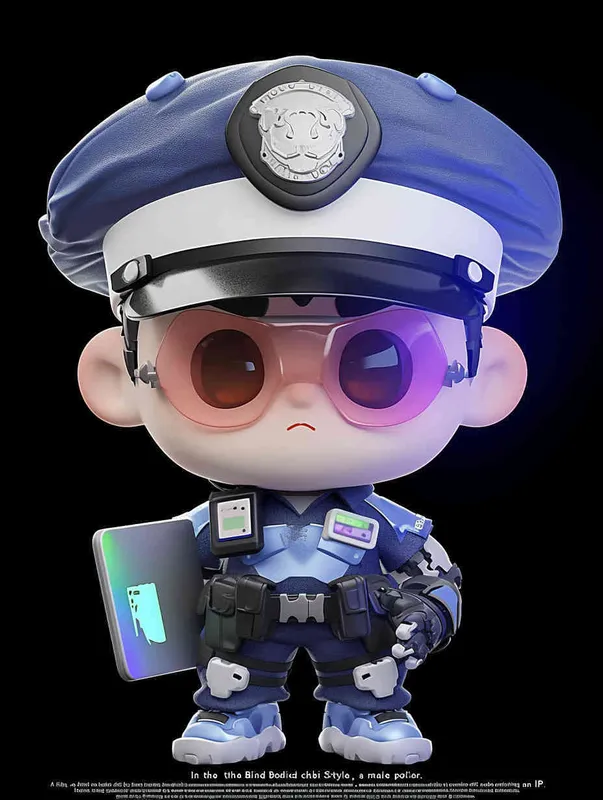 Blind Box Style , full body, chibi, Delicate features, a male police officer with an IP image, wearing a blue  police cap and uniform, holding an iPad, wearing cyberpunk blue purple glowing glasses, Q-version, white background, Natural lighting, 8K, best quality, ultra - detail, 3D, C4D, Blender, OC renderer, ultra HD, 3D rendering  - style1部分