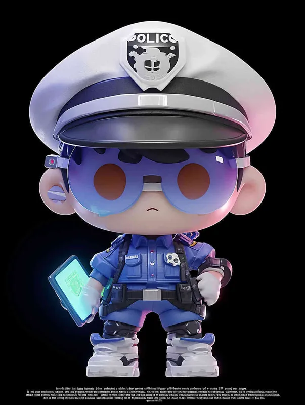 Blind Box Style , full body, chibi, Delicate features, a male police officer with an IP image, wearing a blue  police cap and uniform, holding an iPad, wearing cyberpunk blue purple glowing glasses, Q-version, white background, Natural lighting, 8K, best quality, ultra - detail, 3D, C4D, Blender, OC renderer, ultra HD, 3D rendering  - style3部分