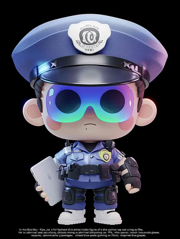 Blind Box Style , full body, chibi, Delicate features, a male police officer with an IP image, wearing a blue  police cap and uniform, holding an iPad, wearing cyberpunk blue purple glowing glasses, Q-version, white background, Natural lighting, 8K, best quality, ultra - detail, 3D, C4D, Blender, OC renderer, ultra HD, 3D rendering  - style4部分