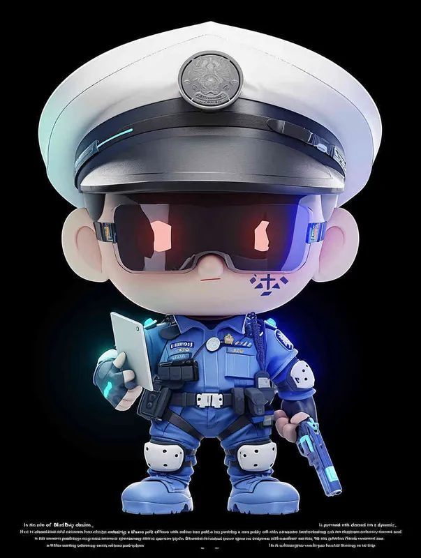 Blind Box Style , full body, chibi, Delicate features, a male police officer with an IP image, wearing a blue  police cap and uniform, holding an iPad, wearing cyberpunk blue purple glowing glasses, Q-version, white background, Natural lighting, 8K, best quality, ultra - detail, 3D, C4D, Blender, OC renderer, ultra HD, 3D rendering  - style1部分