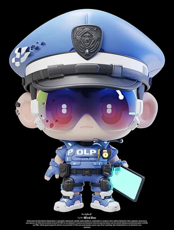 Blind Box Style , full body, chibi, Delicate features, a male police officer with an IP image, wearing a blue  police cap and uniform, holding an iPad, wearing cyberpunk blue purple glowing glasses, Q-version, white background, Natural lighting, 8K, best quality, ultra - detail, 3D, C4D, Blender, OC renderer, ultra HD, 3D rendering  - style2部分