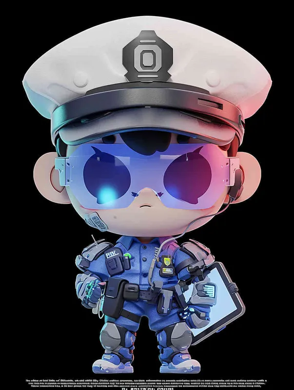 Blind Box Style , full body, chibi, Delicate features, a male police officer with an IP image, wearing a blue  police cap and uniform, holding an iPad, wearing cyberpunk blue purple glowing glasses, Q-version, white background, Natural lighting, 8K, best quality, ultra - detail, 3D, C4D, Blender, OC renderer, ultra HD, 3D rendering  - style3部分