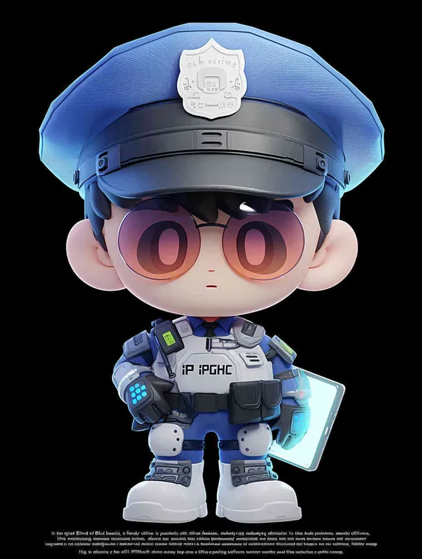 Blind Box Style , full body, chibi, Delicate features, a male police officer with an IP image, wearing a blue  police cap and uniform, holding an iPad, wearing cyberpunk blue purple glowing glasses, Q-version, white background, Natural lighting, 8K, best quality, ultra - detail, 3D, C4D, Blender, OC renderer, ultra HD, 3D rendering  - style4部分