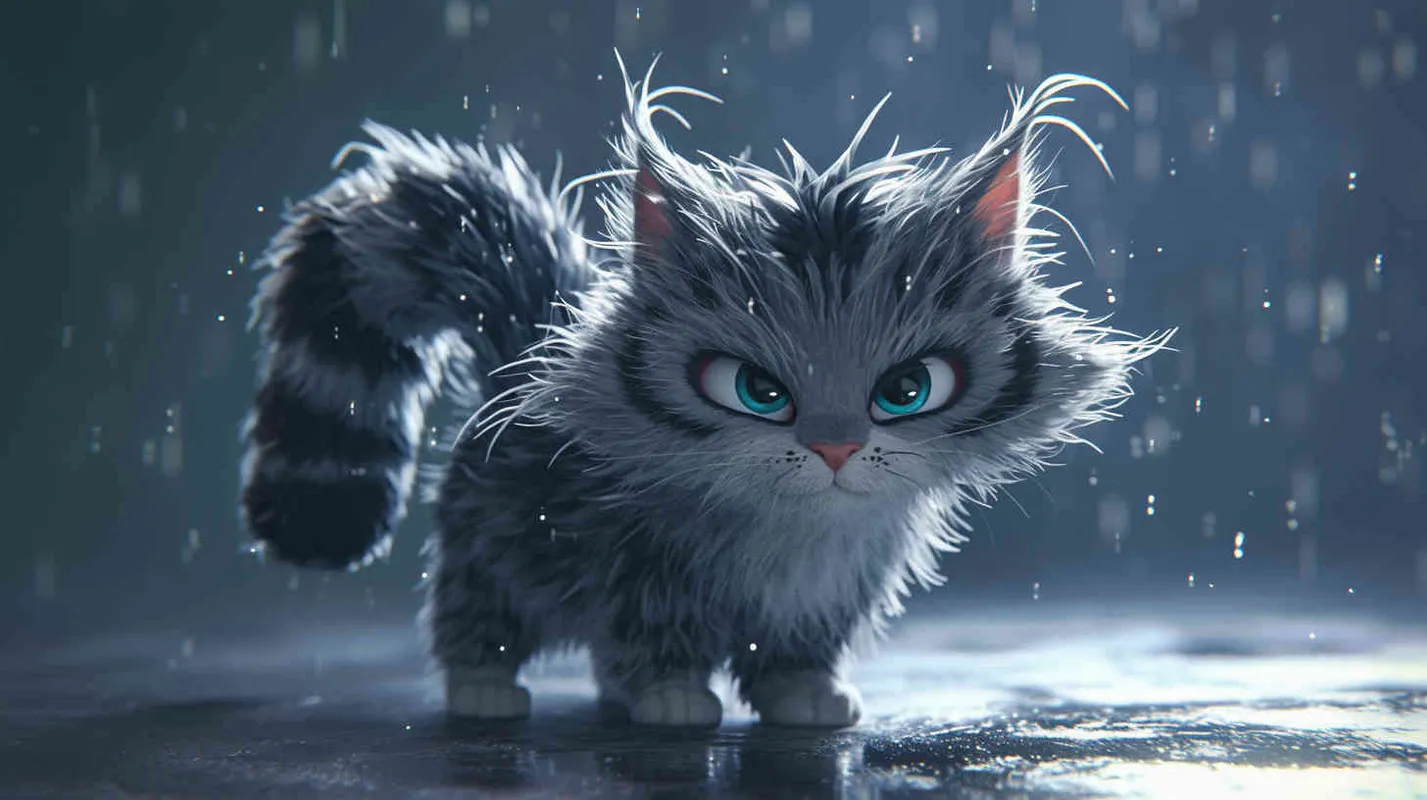 Pixar style, Disney Style, 3D design, C4D modeling,A gray tabby cat, emitting a mysterious glow, with eyes sparkling with a unique gleam, becoming even more agile in form, fur thickening, clad in a black tight-fitting outfit, a faint black halo visible behind, LivelyAtmosphere, Blender, OC Renderer, High Detail, High Quality - style2部分