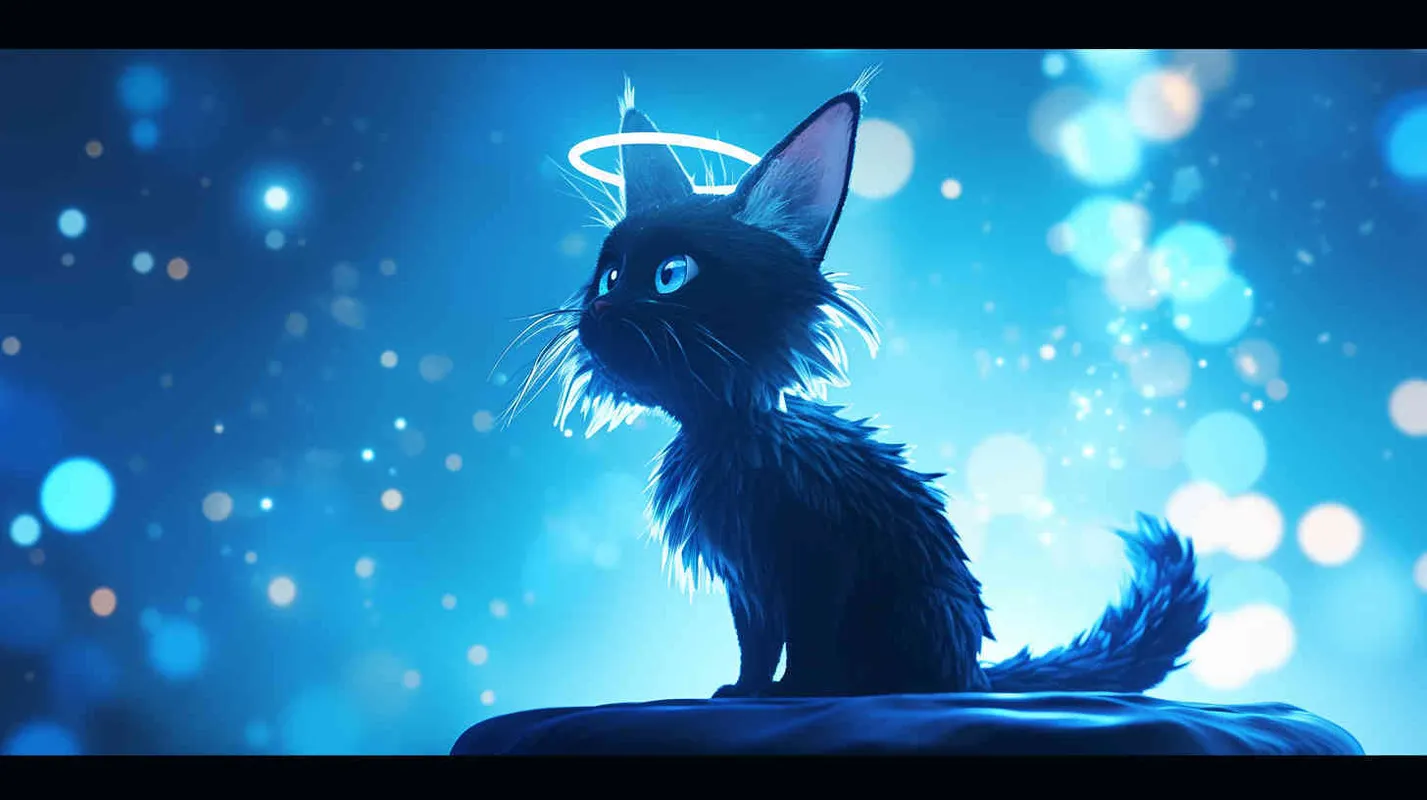 Pixar style, Disney Style, 3D design, C4D modeling,A gray tabby cat, emitting a mysterious glow, with eyes sparkling with a unique gleam, becoming even more agile in form, fur thickening, clad in a black tight-fitting outfit, a faint black halo visible behind, LivelyAtmosphere, Blender, OC Renderer, High Detail, High Quality - style3部分