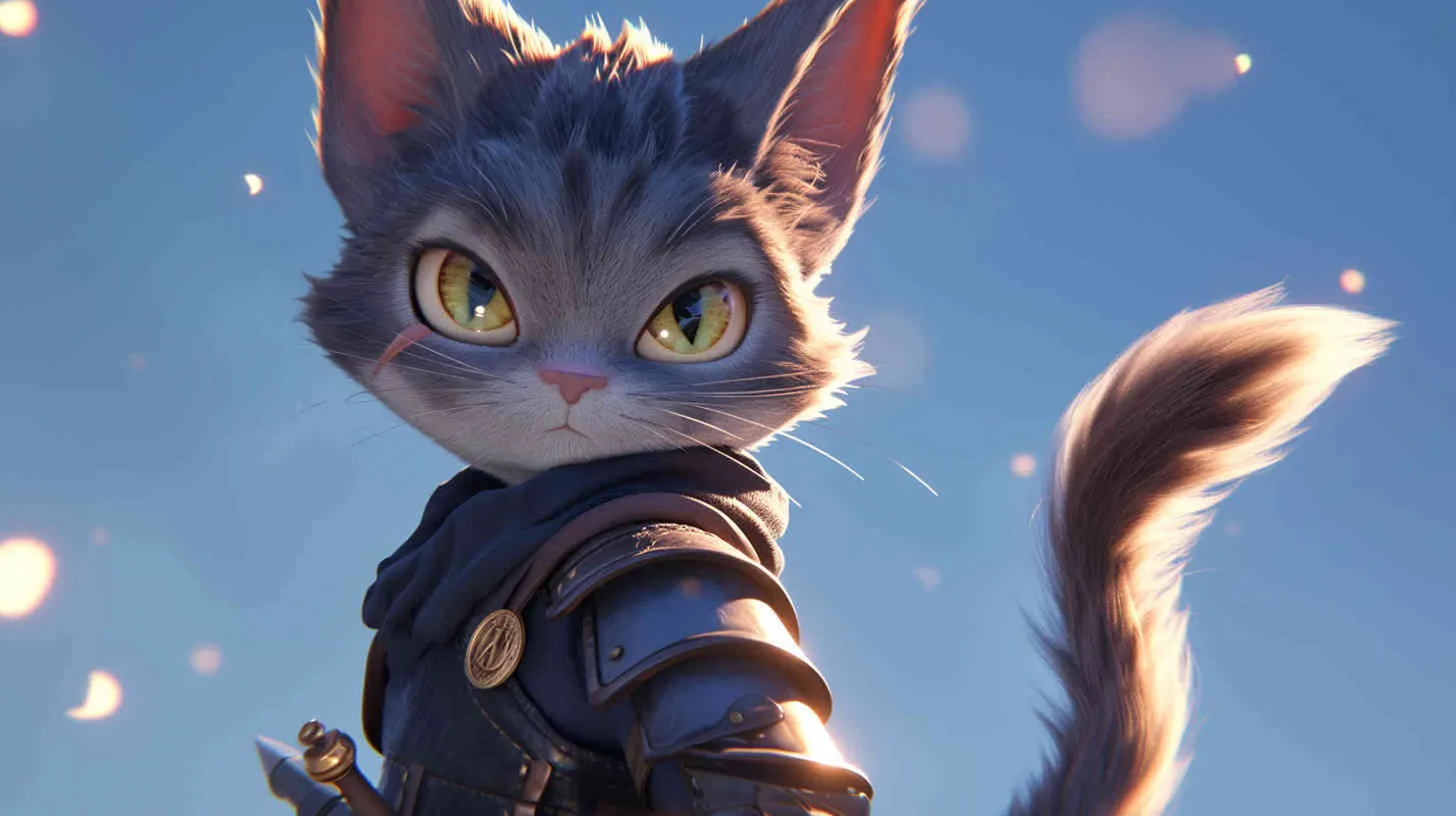 Pixar style, Disney Style, 3D design, C4D modeling,A gray tabby cat, emitting a mysterious glow, with eyes sparkling with a unique gleam, becoming even more agile in form, fur thickening, clad in a black tight-fitting outfit, a faint black halo visible behind, LivelyAtmosphere, Blender, OC Renderer, High Detail, High Quality - style4部分