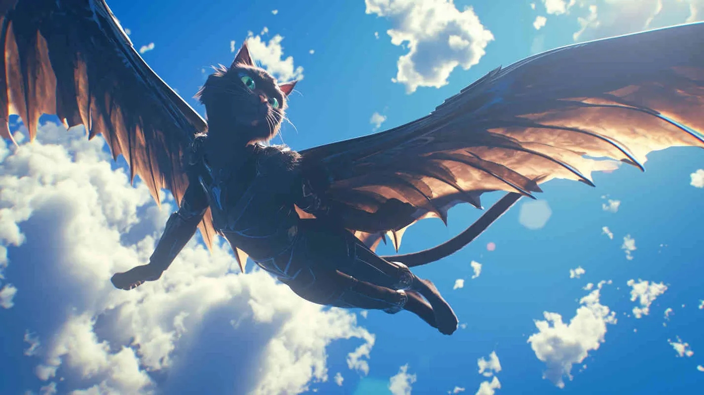 Pixar style, Disney Style, 3D design, C4D modeling,A gray tabby cat, now appearing more valiant and majestic, with sharper eyes and a more slender figure, dressed in a specially tailored black tight-fitting outfit, wings spread behind, soaring into the sky, exuding the power and grace of a superhero, LivelyAtmosphere, Blender, OC Renderer, High Detail, High Quality - style1部分