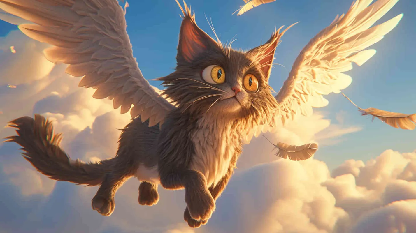 Pixar style, Disney Style, 3D design, C4D modeling,A gray tabby cat, now appearing more valiant and majestic, with sharper eyes and a more slender figure, dressed in a specially tailored black tight-fitting outfit, wings spread behind, soaring into the sky, exuding the power and grace of a superhero, LivelyAtmosphere, Blender, OC Renderer, High Detail, High Quality - style3部分