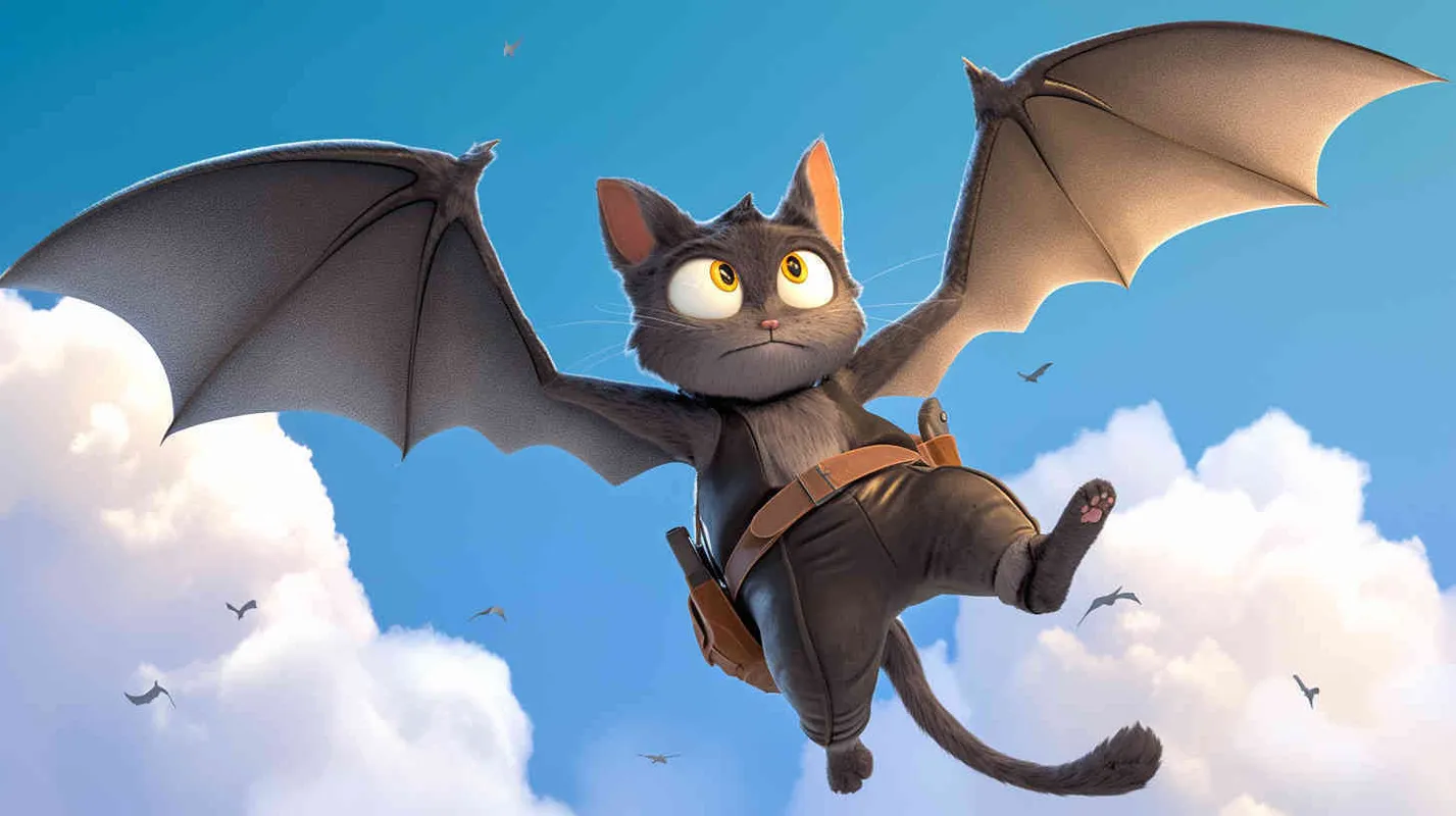 Pixar style, Disney Style, 3D design, C4D modeling,A gray tabby cat, now appearing more valiant and majestic, with sharper eyes and a more slender figure, dressed in a specially tailored black tight-fitting outfit, wings spread behind, soaring into the sky, exuding the power and grace of a superhero, LivelyAtmosphere, Blender, OC Renderer, High Detail, High Quality - style4部分