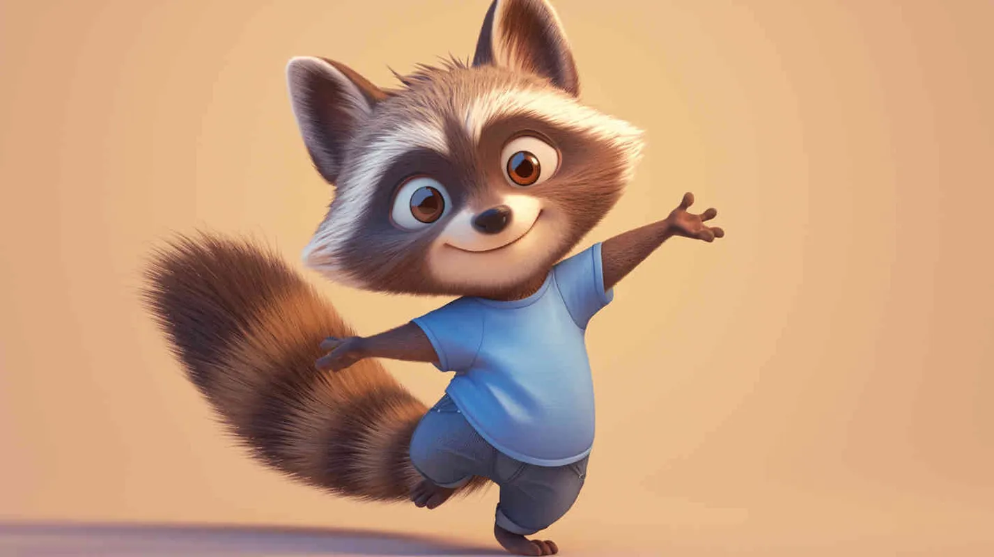 Pixar style, Disney Style, 3D design, C4D modeling,A lively and cute young raccoon with soft brown fur, sharp and clever expression, dressed in a simple blue T-shirt and jeans, exuding the power and grace of a superhero, LivelyAtmosphere, Blender, OC Renderer, High Detail, High Quality - style2部分