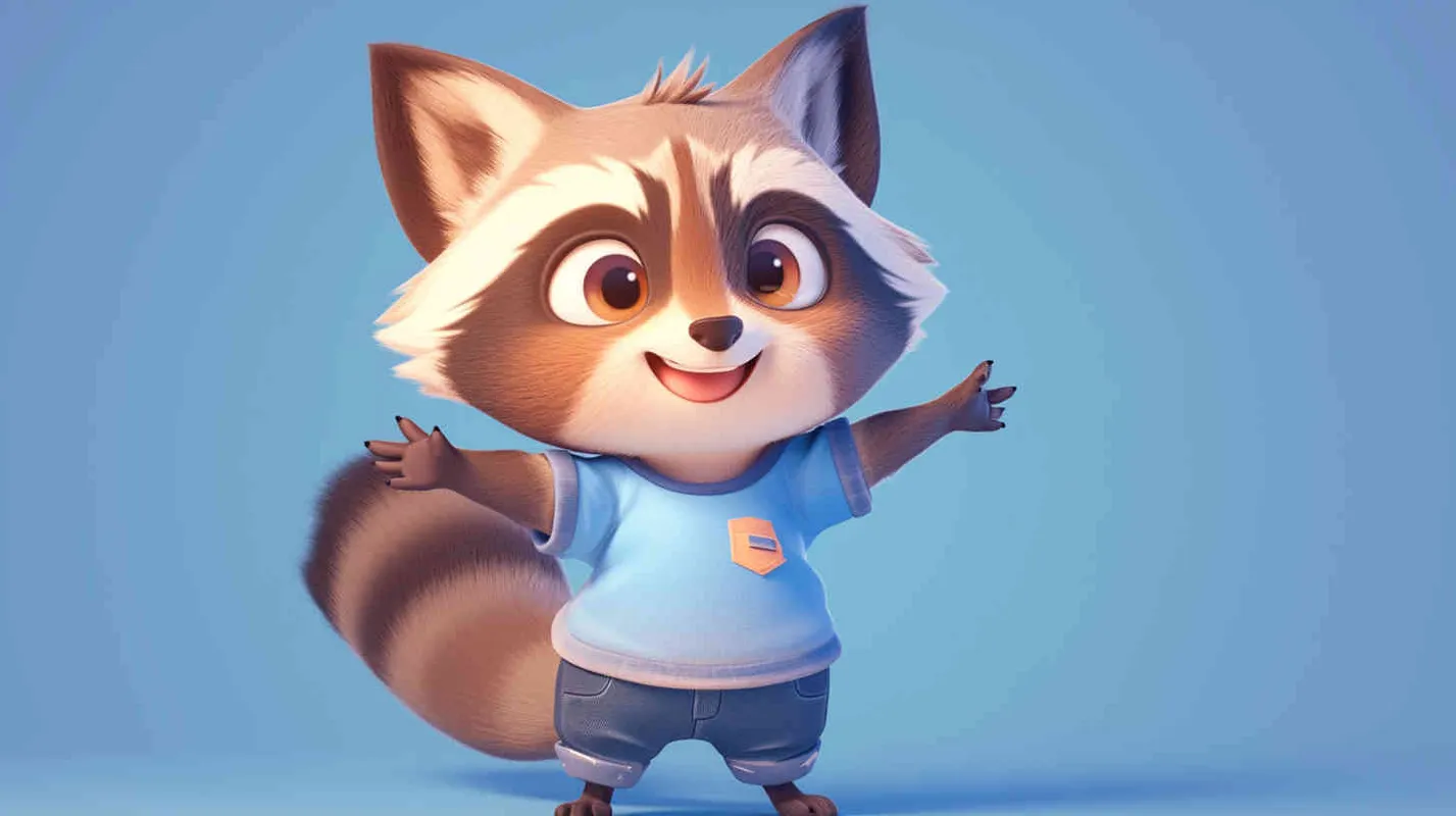 Pixar style, Disney Style, 3D design, C4D modeling,A lively and cute young raccoon with soft brown fur, sharp and clever expression, dressed in a simple blue T-shirt and jeans, exuding the power and grace of a superhero, LivelyAtmosphere, Blender, OC Renderer, High Detail, High Quality - style3部分