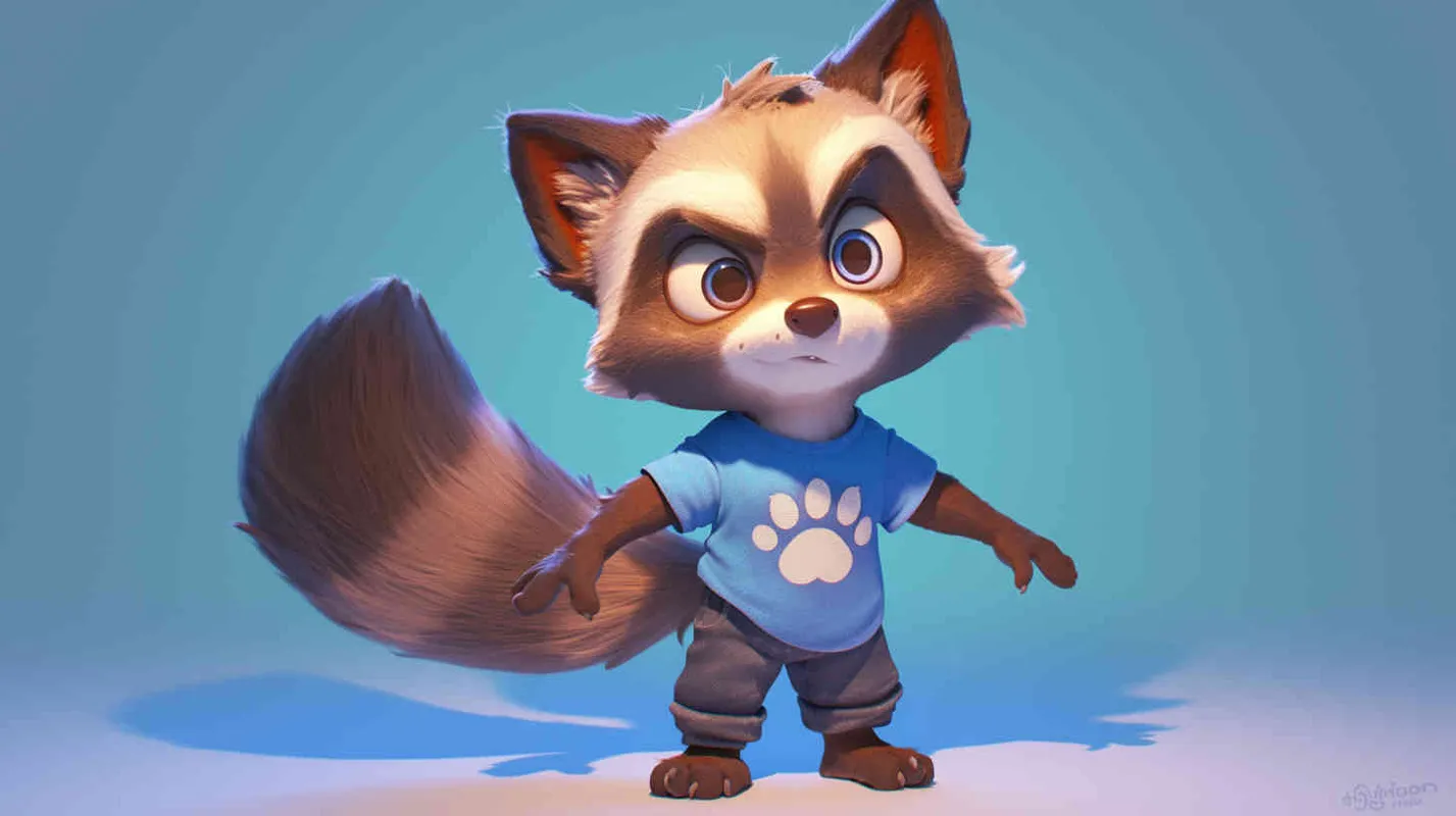 Pixar style, Disney Style, 3D design, C4D modeling,A lively and cute young raccoon with soft brown fur, sharp and clever expression, dressed in a simple blue T-shirt and jeans, exuding the power and grace of a superhero, LivelyAtmosphere, Blender, OC Renderer, High Detail, High Quality - style4部分