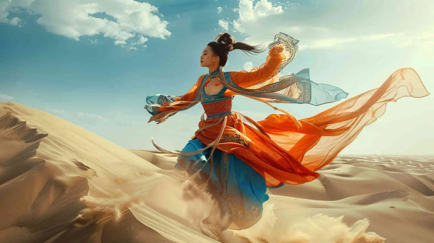 A beautiful Chinese woman dressed in Dunhuang costume is flying on the desert dunes, captured with high speed photography in the style of colorism, with FHD, HDR, and 8K resolution. –ar 128:85 – AI绘画作品展示 | Midjourney中文版生成