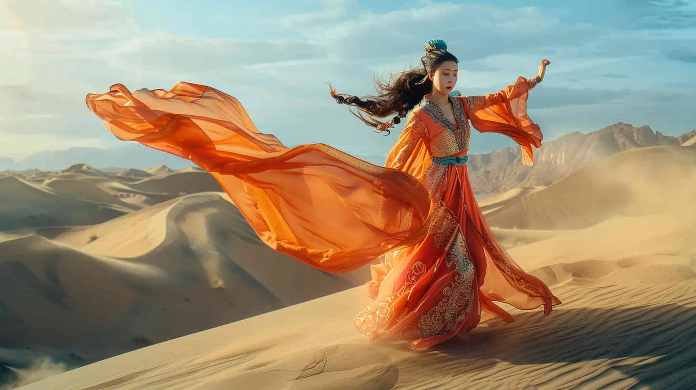 A beautiful Chinese woman dressed in Dunhuang costume is flying on the desert dunes, captured with high speed photography in the style of colorism, with FHD, HDR, and 8K resolution. --ar 128:85 - style2部分
