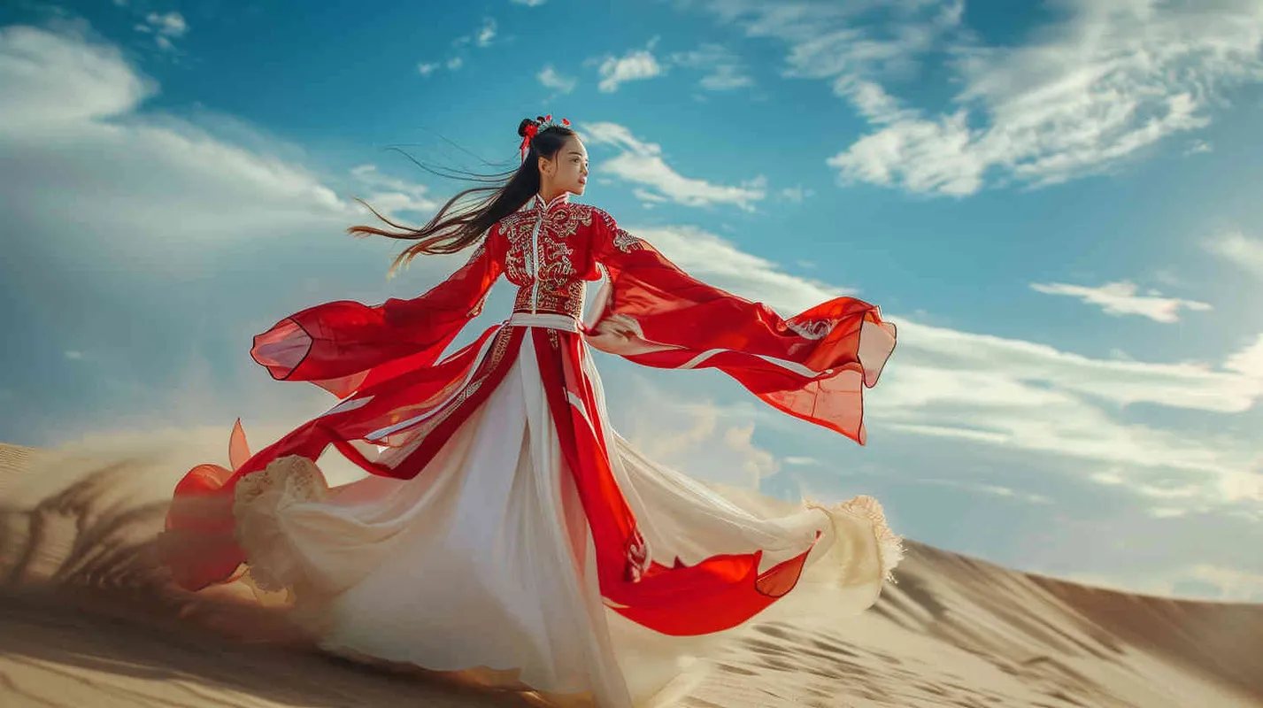 A beautiful Chinese woman dressed in Dunhuang costume is flying on the desert dunes, captured with high speed photography in the style of colorism, with FHD, HDR, and 8K resolution. --ar 128:85 - style3部分