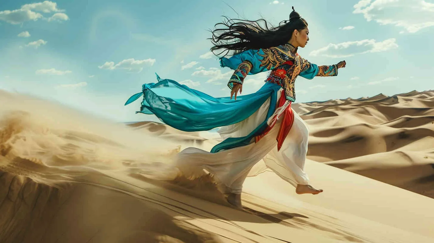 A beautiful Chinese woman dressed in Dunhuang costume is flying on the desert dunes, captured with high speed photography in the style of colorism, with FHD, HDR, and 8K resolution. --ar 128:85 - style4部分