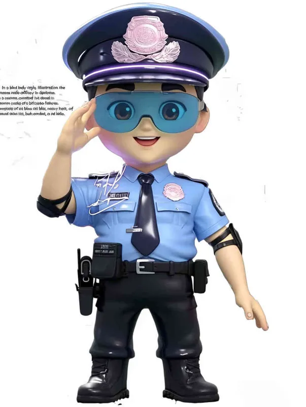 Blind Box Style , full body, chibi, Delicate features, A Chinese male police officer, dressed in summer police uniform, blue shirt, black police hat, navy blue tie, black armband, black pants, black leather shoes,  cyberpunk blue glowing glasses, Q-version，white background, Natural lighting, 8K, best quality, ultra - detail, 3D, C4D, Blender, OC renderer, ultra HD, 3D rendering  - style1部分