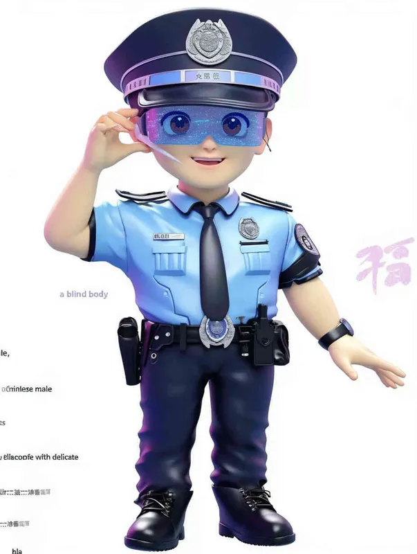 Blind Box Style , full body, chibi, Delicate features, A Chinese male police officer, dressed in summer police uniform, blue shirt, black police hat, navy blue tie, black armband, black pants, black leather shoes,  cyberpunk blue glowing glasses, Q-version，white background, Natural lighting, 8K, best quality, ultra - detail, 3D, C4D, Blender, OC renderer, ultra HD, 3D rendering  - style2部分