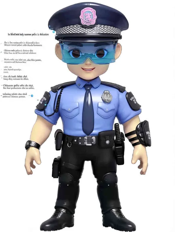 Blind Box Style , full body, chibi, Delicate features, A Chinese male police officer, dressed in summer police uniform, blue shirt, black police hat, navy blue tie, black armband, black pants, black leather shoes,  cyberpunk blue glowing glasses, Q-version，white background, Natural lighting, 8K, best quality, ultra - detail, 3D, C4D, Blender, OC renderer, ultra HD, 3D rendering  - style3部分