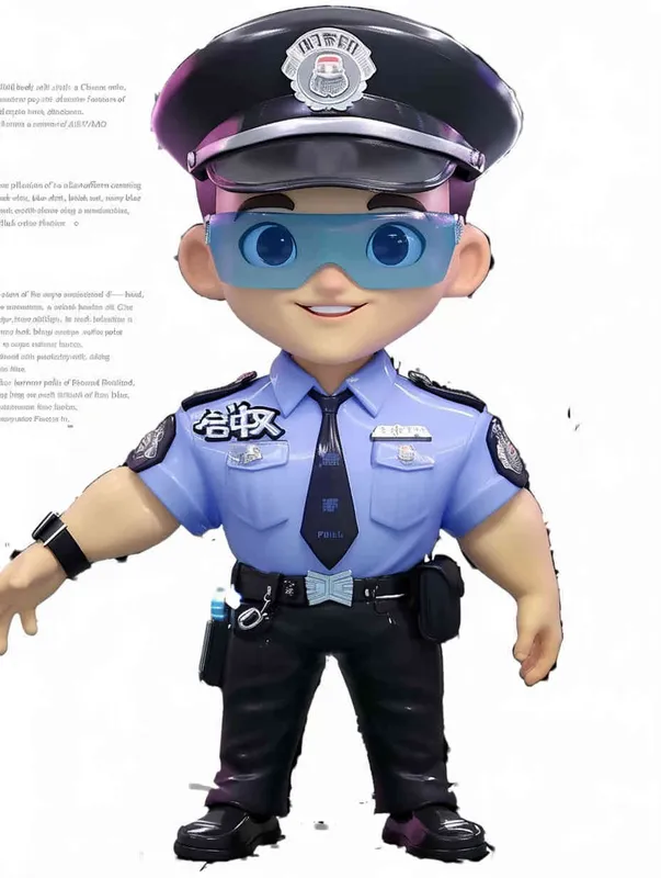 Blind Box Style , full body, chibi, Delicate features, A Chinese male police officer, dressed in summer police uniform, blue shirt, black police hat, navy blue tie, black armband, black pants, black leather shoes,  cyberpunk blue glowing glasses, Q-version，white background, Natural lighting, 8K, best quality, ultra - detail, 3D, C4D, Blender, OC renderer, ultra HD, 3D rendering  - style4部分