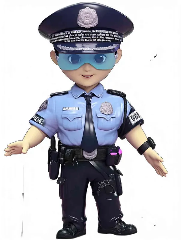Blind Box Style , full body, chibi, Delicate features, A Chinese male police officer, dressed in summer police uniform, blue shirt, black police hat, navy blue tie, black armband, black pants, black leather shoes,  cyberpunk blue glowing glasses, Q-version，white background, Natural lighting, 8K, best quality, ultra - detail, 3D, C4D, Blender, OC renderer, ultra HD, 3D rendering  - style1部分