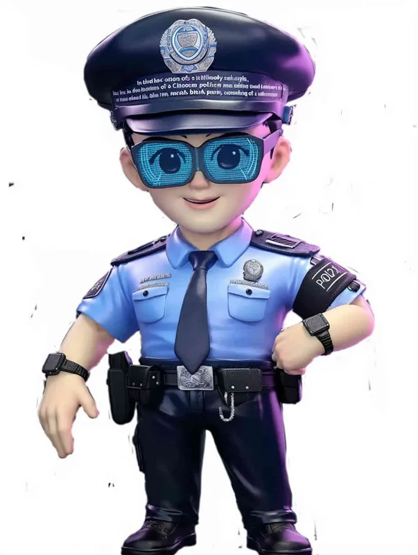 Blind Box Style , full body, chibi, Delicate features, A Chinese male police officer, dressed in summer police uniform, blue shirt, black police hat, navy blue tie, black armband, black pants, black leather shoes,  cyberpunk blue glowing glasses, Q-version，white background, Natural lighting, 8K, best quality, ultra - detail, 3D, C4D, Blender, OC renderer, ultra HD, 3D rendering  - style3部分