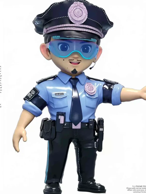 Blind Box Style , full body, chibi, Delicate features, A Chinese male police officer, dressed in summer police uniform, blue shirt, black police hat, navy blue tie, black armband, black pants, black leather shoes,  cyberpunk blue glowing glasses, Q-version，white background, Natural lighting, 8K, best quality, ultra - detail, 3D, C4D, Blender, OC renderer, ultra HD, 3D rendering  - style4部分