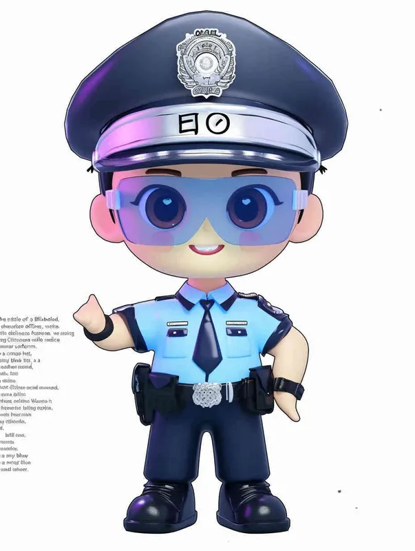 Blind Box Style , full body, chibi, Delicate features, A cute Chinese male police officer, dressed in summer police uniform, blue shirt, black police hat, navy blue tie, black armband, black pants, black leather shoes,  cyberpunk blue glowing glasses, Q-version，white background, Natural lighting, 8K, best quality, ultra - detail, 3D, C4D, Blender, OC renderer, ultra HD, 3D rendering  - style1部分